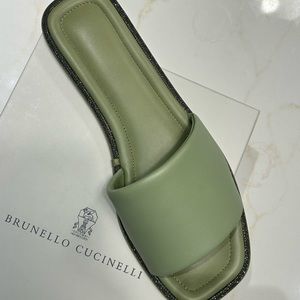 Brunello Cucinelli sage green leather sandals with trim detail, worn once.